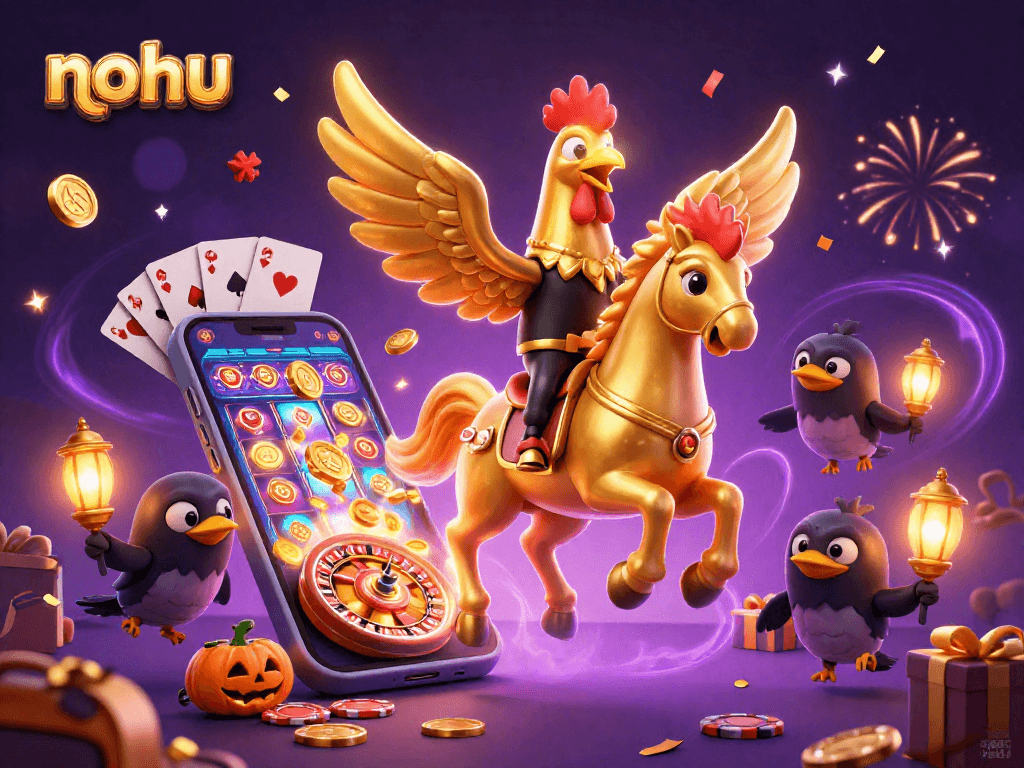 Experience thrilling gameplay with nohu, a golden rooster in a casino setting amidst dynamic slot game visuals.