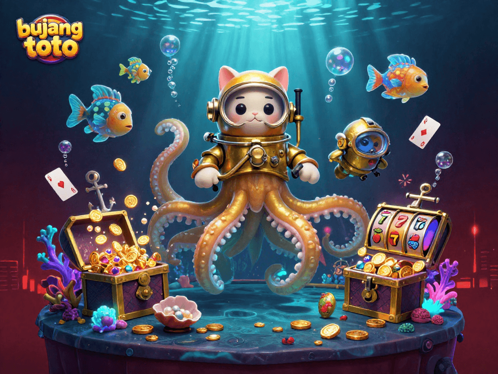 Menghadirkan bujang toto dengan ilustrasi kartun kraken dan simbol slot yang menyenangkan di lautan beruntung.