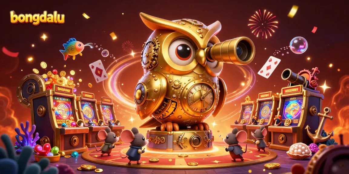 Bongdalu showcases a vibrant casino scene with a clockwork owl and tiny mice engaging amidst rich gaming elements.